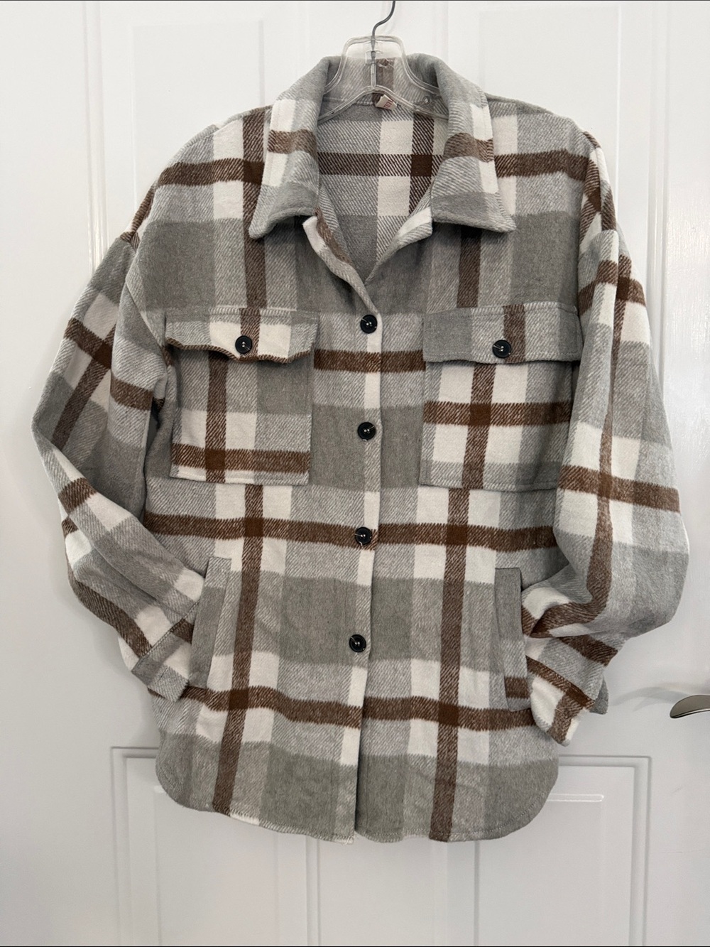 Beaully Plaid Button-Up Shacket in Cream, Gray & Brown Size Small